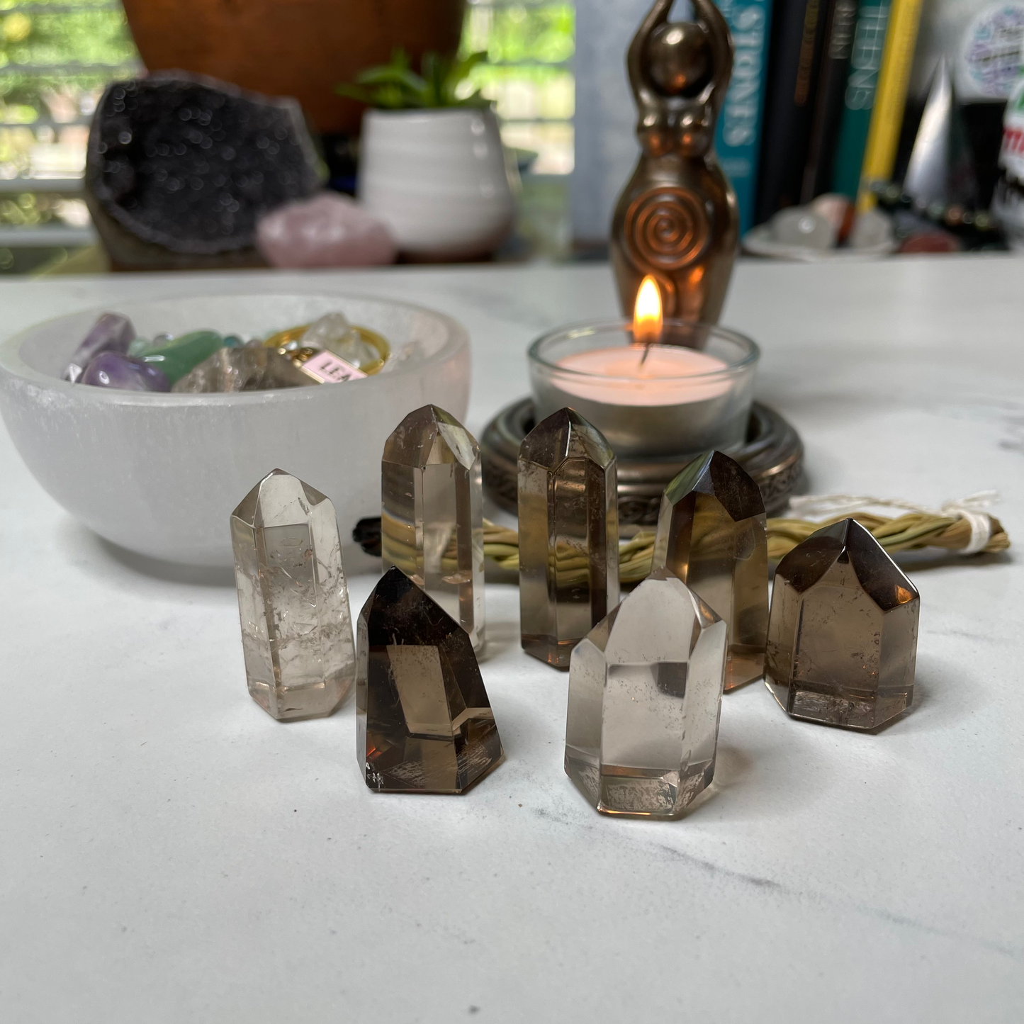 Size 2 Mini Smoky Quartz Towers arranged on a white marble surface