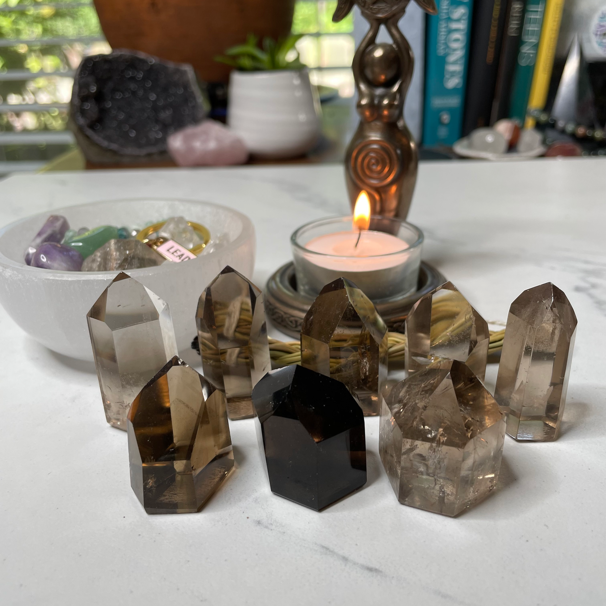 Size 3 Mini Smoky Quartz Towers arranged on a white marble surface
