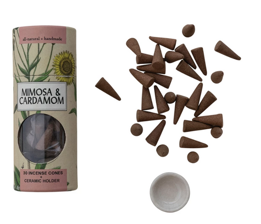 Mimosa & Cardamom Scented Incense Cones with Holder